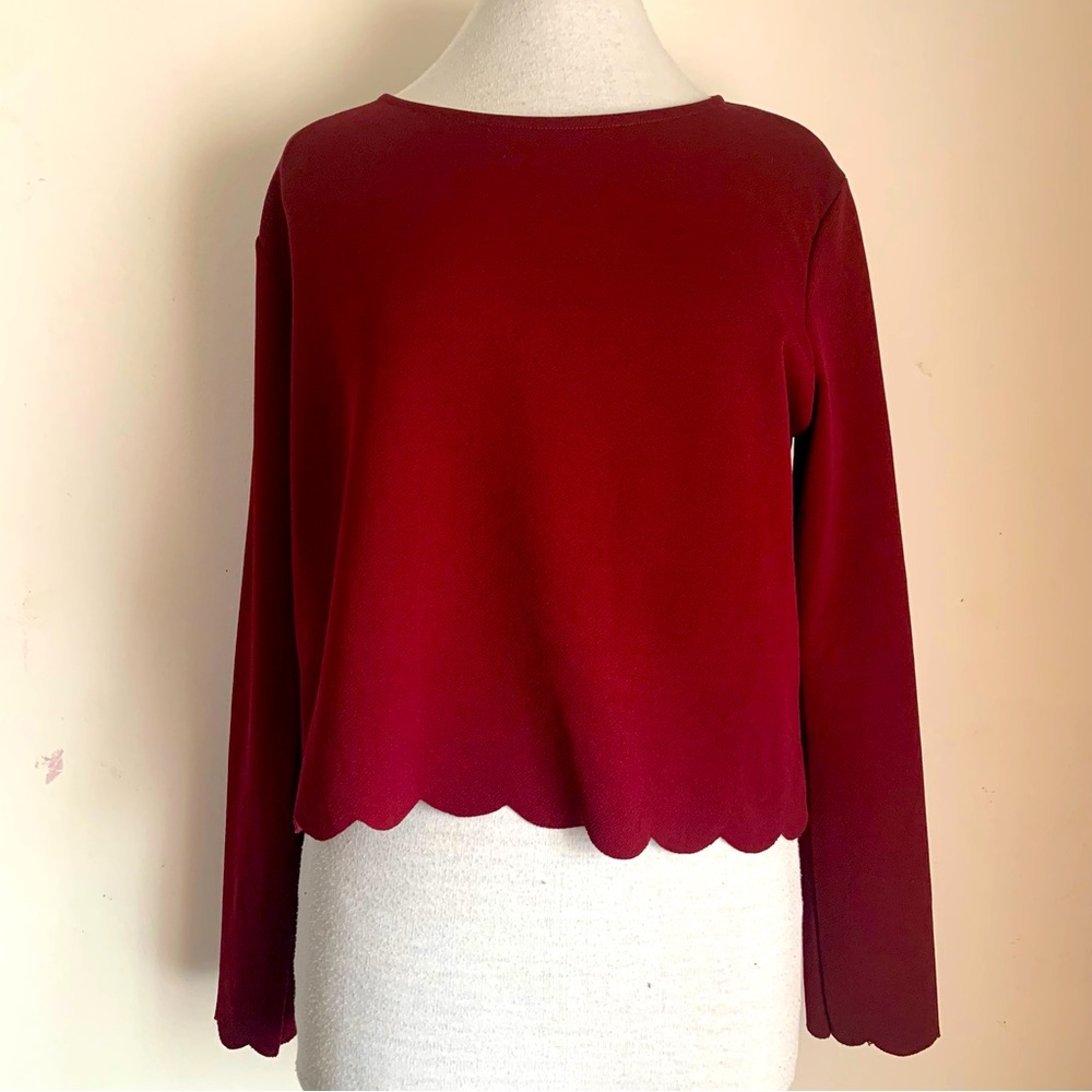 New Look Long Sleeve Top Burgundy Round Neck Stretch Waist Length UK Size 16 - Picture 1 of 8